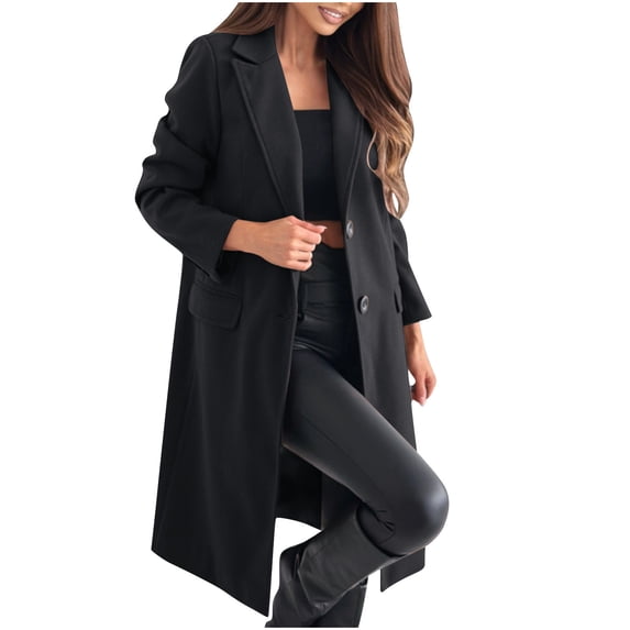 Women's Fall and Winter Casual Coat with Suit Collar Solid Cardigan Button Front Long Sleeve