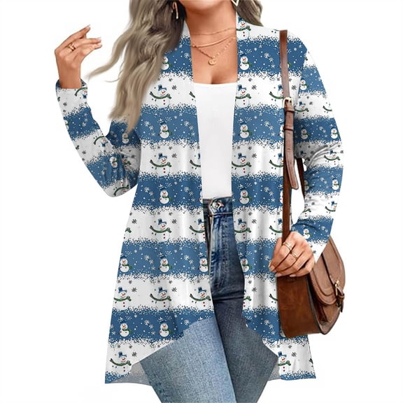 Women's Fall and Winter Fashion Casual Print Long Sleeve Mid-Length Cardigan Jacket, Christmas Theme for Holiday Season,Blue,XL