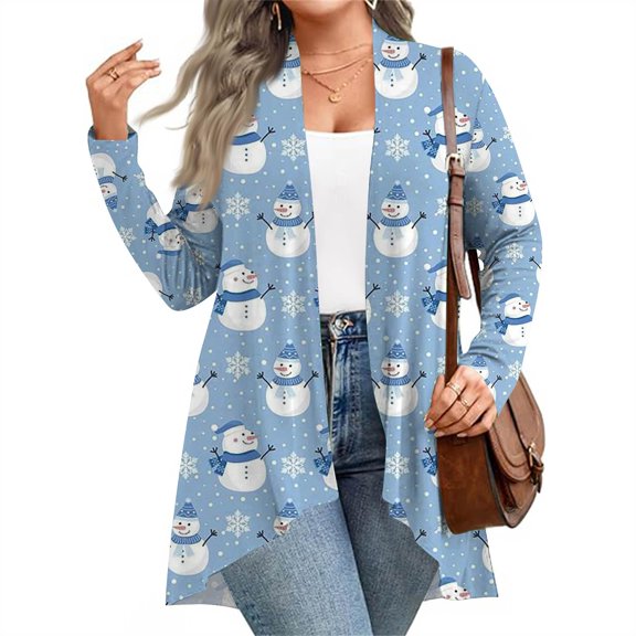 Women's Fall and Winter Fashion Casual Print Long Sleeve Mid-Length Cardigan Jacket, Christmas Theme for Holiday Season,Blue,XL