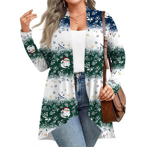 Women's Fall and Winter Fashion Casual Print Long Sleeve Mid-Length Cardigan Jacket, Christmas Theme for Holiday Season,Dark Green,2XL