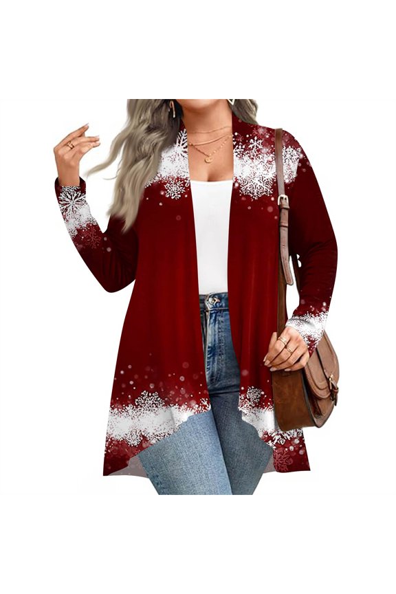 Women's Fall and Winter Fashion Casual Print Long Sleeve Mid-Length Cardigan Jacket, Christmas Theme for Holiday Season,Deep Red,2XL
