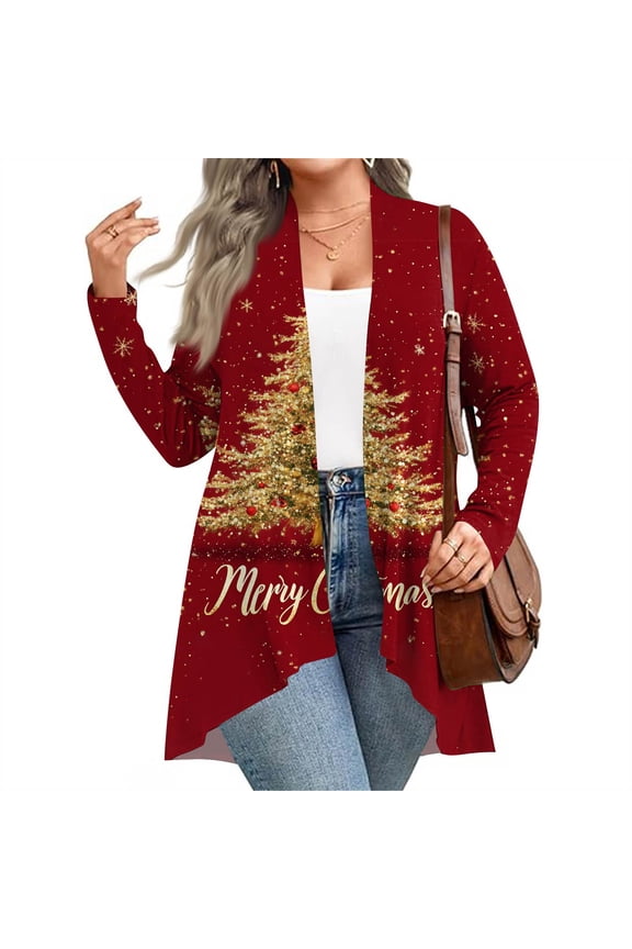 Women's Fall and Winter Fashion Casual Print Long Sleeve Mid-Length Cardigan Jacket, Christmas Theme for Holiday Season,Gold,2XL