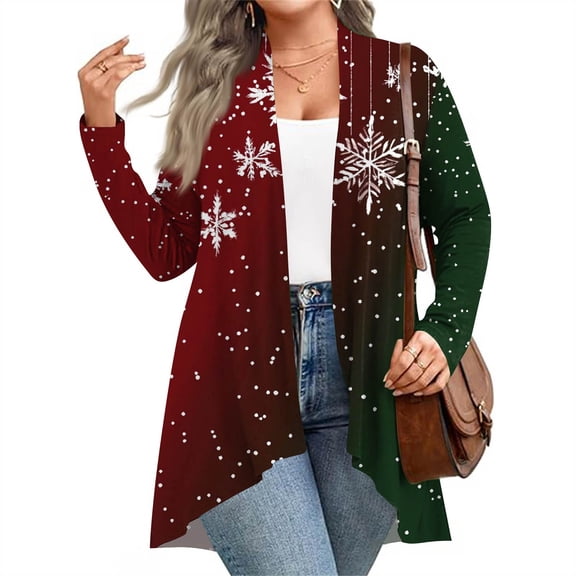 Women's Fall and Winter Fashion Casual Print Long Sleeve Mid-Length Cardigan Jacket, Christmas Theme for Holiday Season,Green,XL