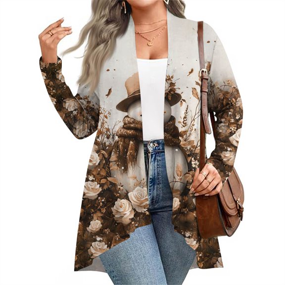 Women's Fall and Winter Fashion Casual Print Long Sleeve Mid-Length Cardigan Jacket, Christmas Theme for Holiday Season,Khaki,3XL