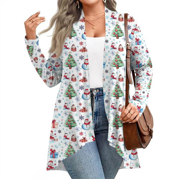 Women's Fall and Winter Fashion Casual Print Long Sleeve Mid-Length Cardigan Jacket, Christmas Theme for Holiday Season,Light Blue,XL