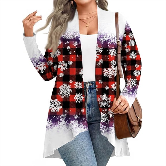 Women's Fall and Winter Fashion Casual Print Long Sleeve Mid-Length Cardigan Jacket, Christmas Theme for Holiday Season,Purple,XL