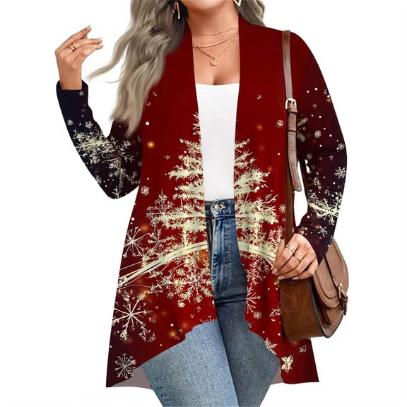 Women's Fall and Winter Fashion Casual Print Long Sleeve Mid-Length Cardigan Jacket, Christmas Theme for Holiday Season,Watermelon Red,2XL