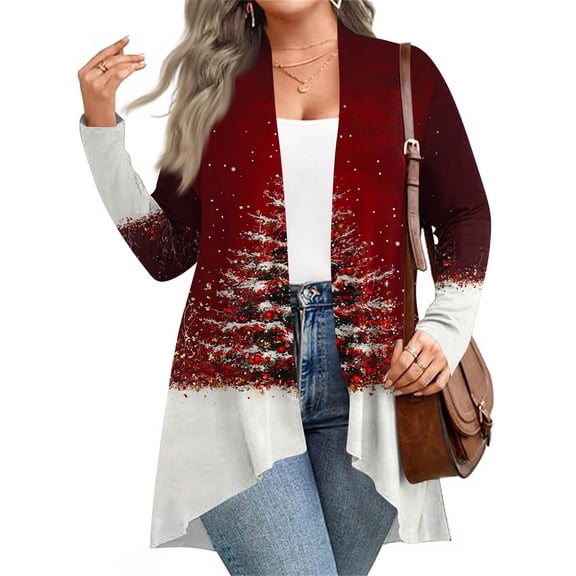 Women's Fall and Winter Fashion Casual Print Long Sleeve Mid-Length Cardigan Jacket, Christmas Theme for Holiday Season,White,XL