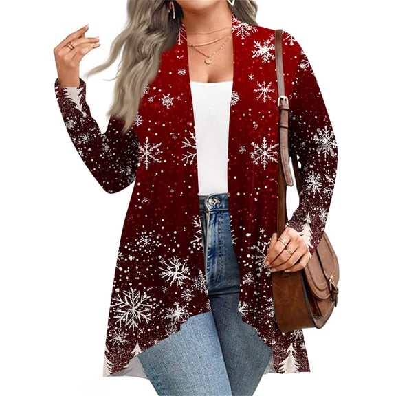 Women's Fall and Winter Fashion Casual Print Long Sleeve Mid-Length Cardigan Jacket, Christmas Theme for Holiday Season,Wine,XL
