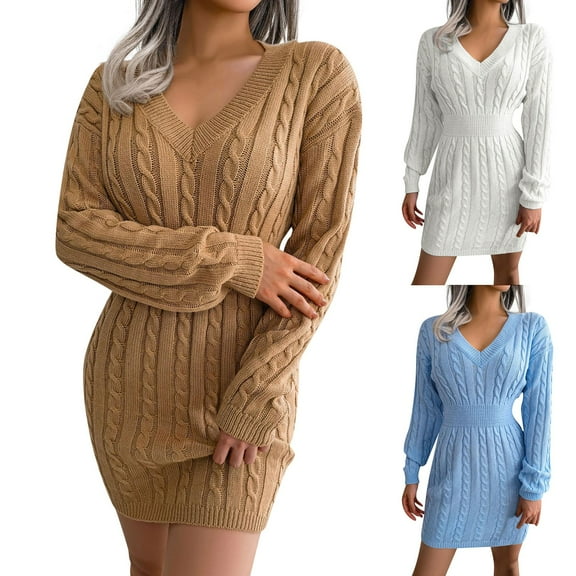 Women's Fall and Winter Fashion Dress Sweater Dress with Waist Accent and Hip Hugging Design, Cozy and Stylish for Casual Outings, Comfortable,Blue,L