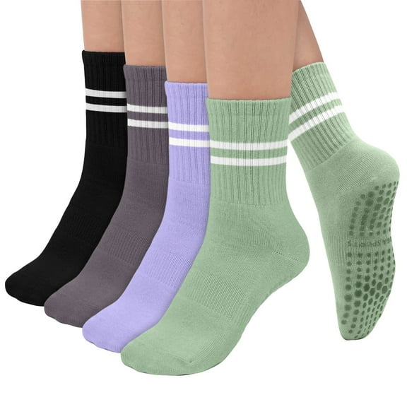 Women's Fall and Winter Mid-Calf Striped Yoga Non-Slip Socks 4 Pairs Thermal Grip Athletic Socks
