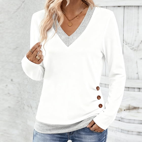 Women's Fall and Winter Solid Color V-Neck Button Matching Slim Casual Long Sleeve Top