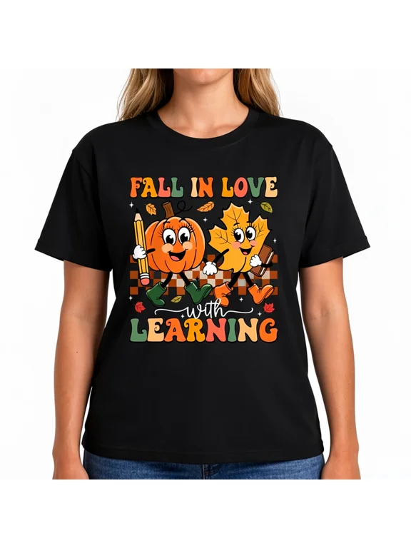 Women's Fall in Love with Learning Teacher Graphic T-Shirt, Pumpkin Cotton Crew Neck Casual Tee