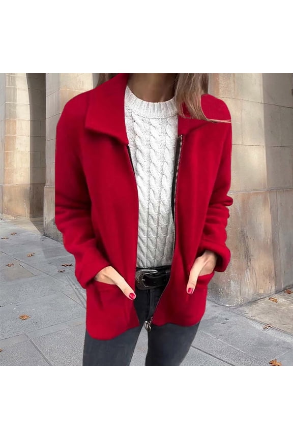 Women's Fall/winter Lapel Solid Color Zip Up Pocket Jacket Mid Length Women's Coat plus Size Ski Coats for Women plus Size Winter Clothes for Women Ladies Leather Fringe Jacket Womens Rain Suit