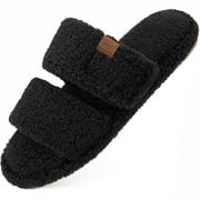 Women's FamilyFairy Open Toe Slippers Adjustable Memory Foam House Shoes Faux Fur Fuzzy Slide Sandals Non Slip Washable