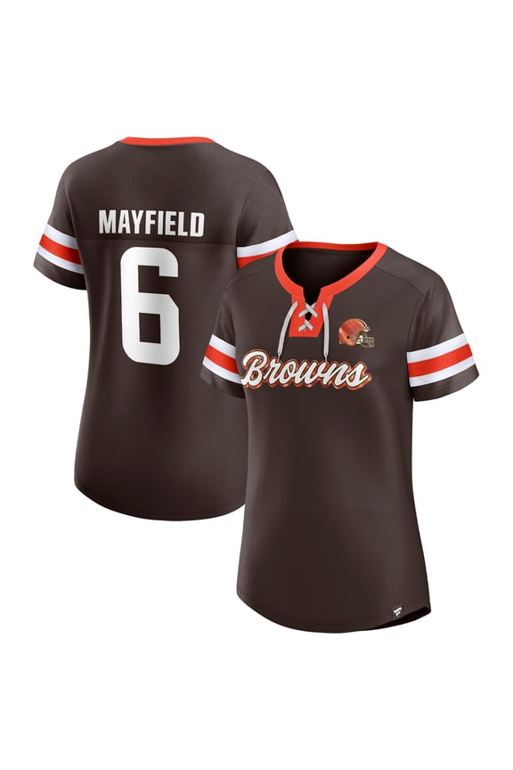 Women's Fanatics Baker Mayfield Brown Cleveland Browns Athena Name & Number Notch Neck T-Shirt