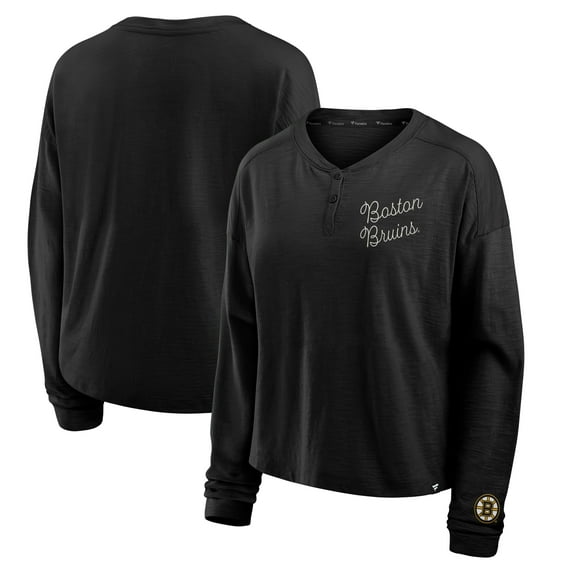 Women's Fanatics Black Boston Bruins Oversized All Out Effort Long Sleeve Henley T-Shirt