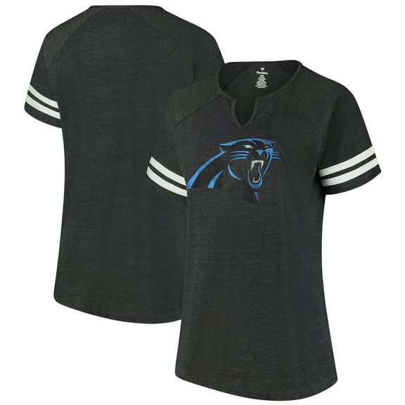 Women's Fanatics Black Carolina Panthers Plus Size Logo Striped Raglan Notch Neck T-Shirt