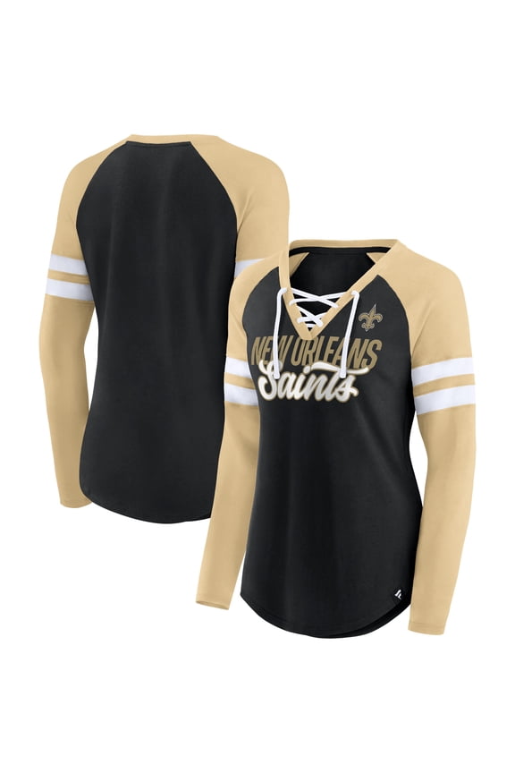 Women's Fanatics Black/Gold New Orleans Saints True to Form Raglan Lace-Up V-Neck Long Sleeve T-Shirt