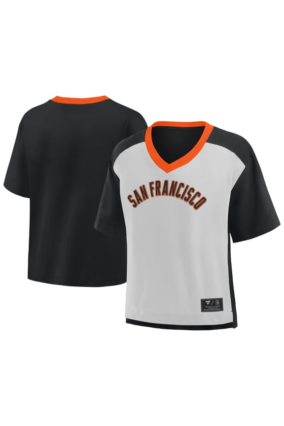 Women's Fanatics Black/Graphite San Francisco Giants Oversized Race To Win V-Neck T-Shirt