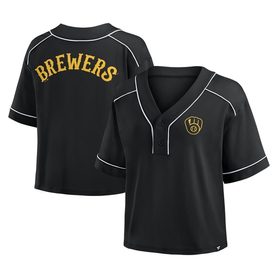 Women's Fanatics Black Milwaukee Brewers Oversized Champ Game Cropped V-Neck T-Shirt