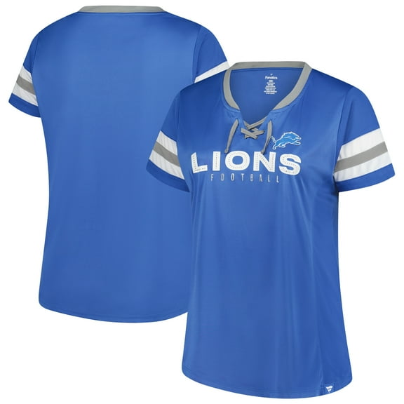 Women's Fanatics Blue Detroit Lions Plus Size Rhinestone Redzone Athena Lace-Up Notch Neck T-Shirt