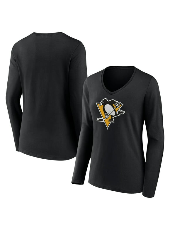 Women's Fanatics Branded Black Pittsburgh Penguins Team Logo Long Sleeve V-Neck T-Shirt