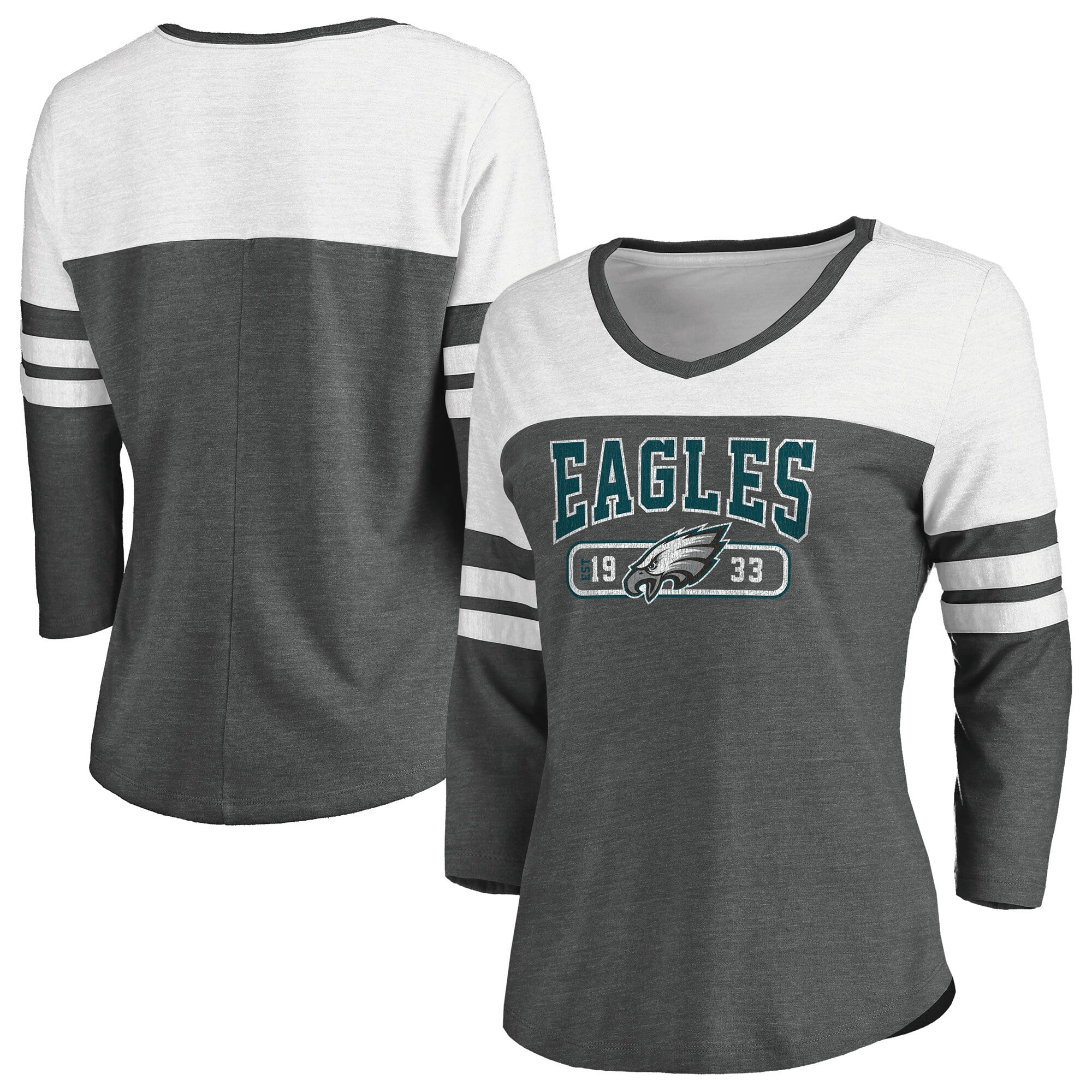 Women's Fanatics Branded Charcoal/White Philadelphia Eagles Vintage Arch  3/4-Sleeve T-Shirt 