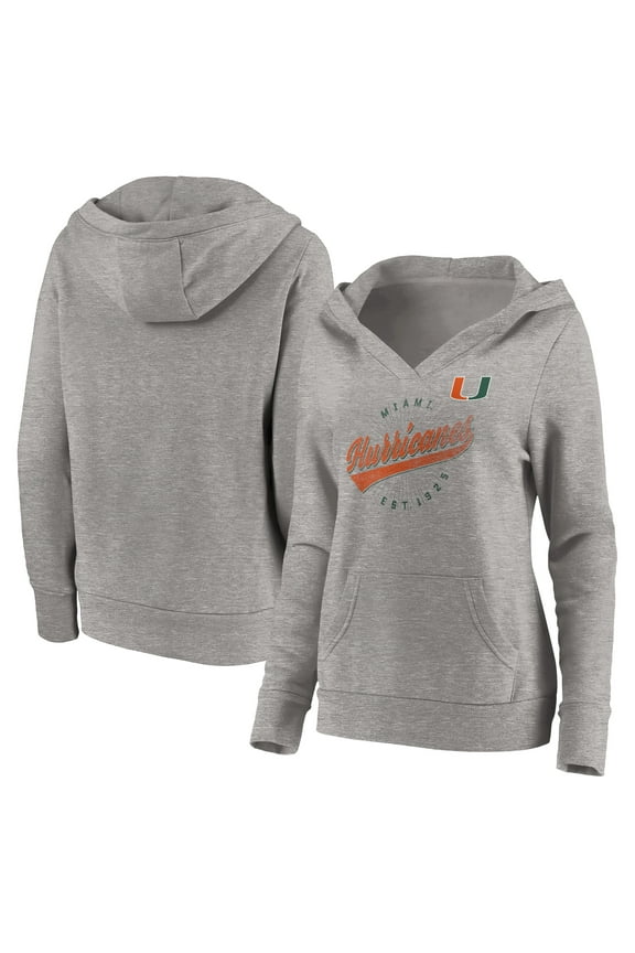 Women's Fanatics Branded Heathered Gray Miami Hurricanes Highlight Reel V-Neck Pullover Hoodie
