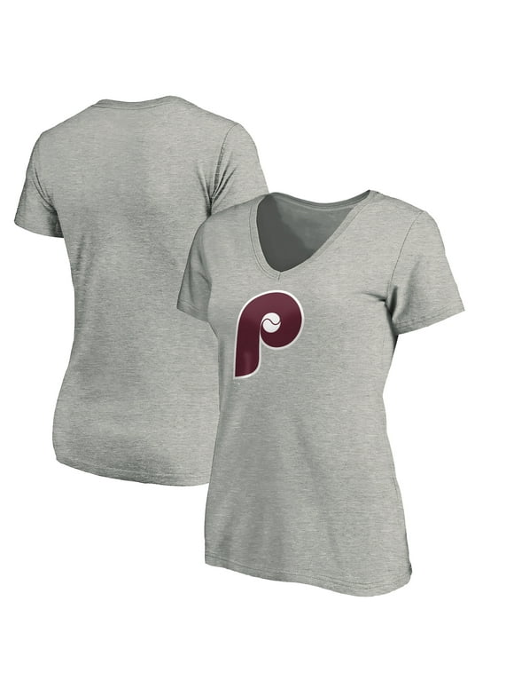 Women's Fanatics Branded Heathered Gray Philadelphia Phillies Cooperstown Collection Huntington Logo V-Neck T-Shirt