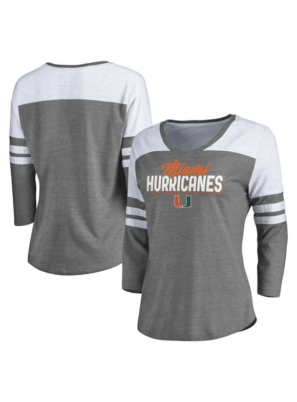 Women's Fanatics Branded Heathered Gray/White Miami Hurricanes Hustle Tri-Blend 3/4-Sleeve V-Neck T-Shirt