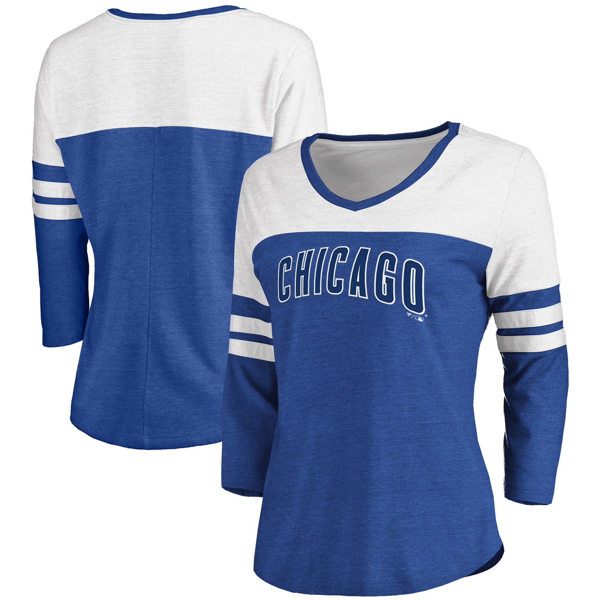 Women's Fanatics Branded Heathered Royal/White Chicago Cubs Official  Wordmark 3/4 Sleeve V-Neck T-Shirt 
