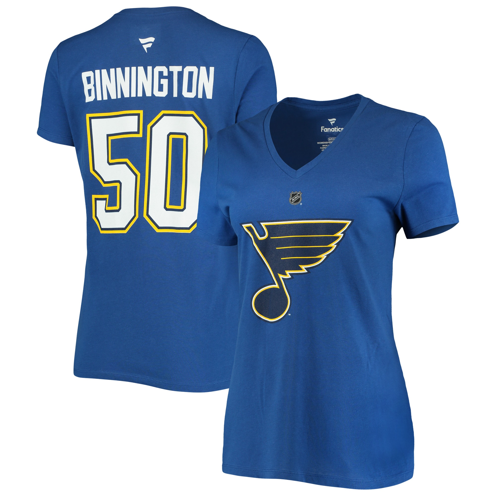 Women's Fanatics Branded Jordan Binnington Blue St. Louis Blues Team Authentic Stack Name & Number V-Neck T-Shirt - image 1 of 3