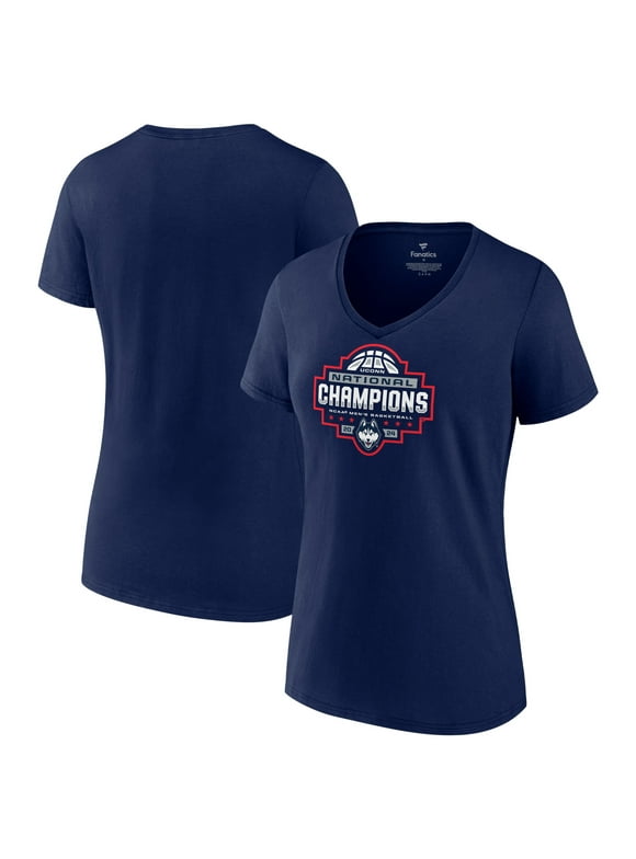 Women's Fanatics Branded  Navy UConn Huskies 2024 NCAA Men's Basketball National Champions Official Logo V-Neck T-Shirt