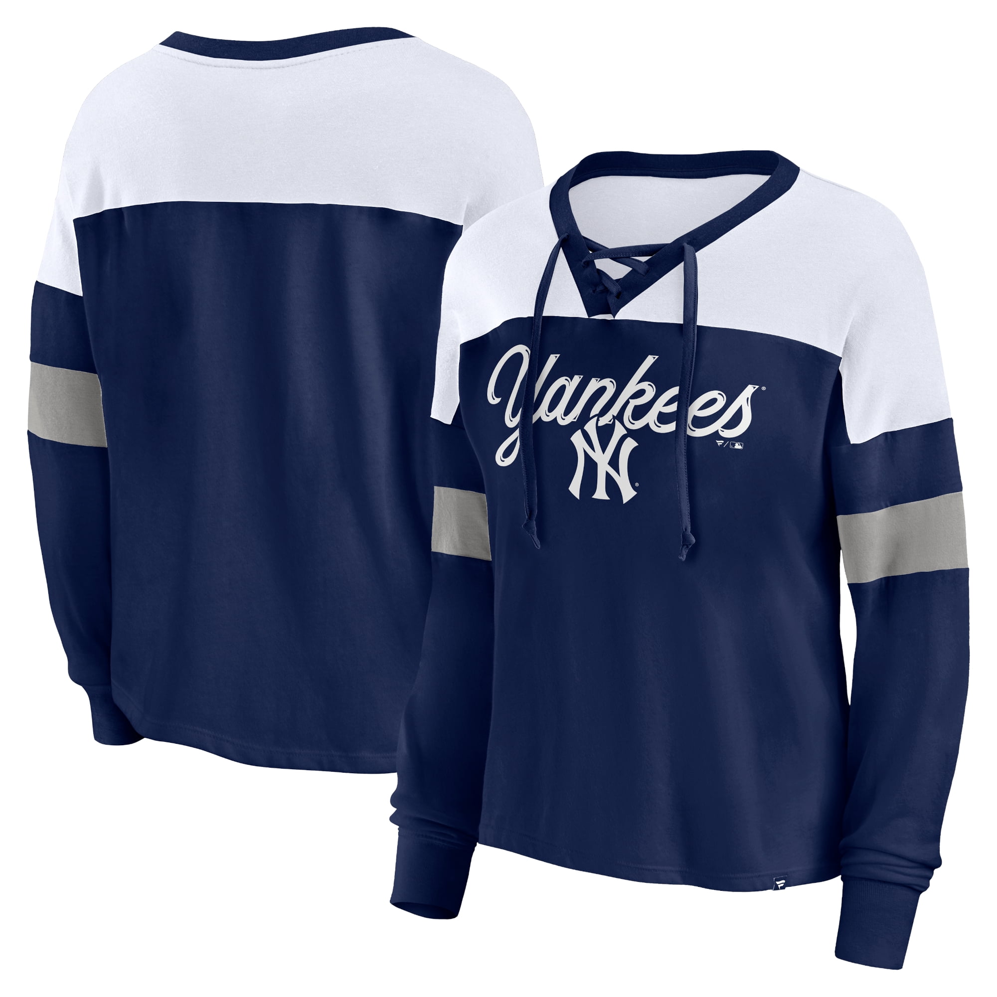 Women's Fanatics Branded Navy/White New York Yankees Even Match Lace-Up  Long Sleeve V-Neck T-Shirt