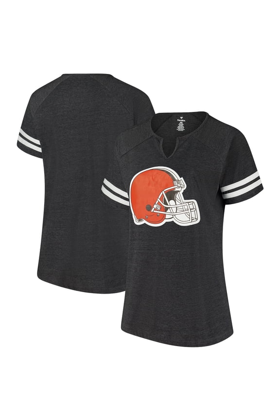 Women's Fanatics Charcoal Cleveland Browns Plus Size Logo Striped Raglan Notch Neck T-Shirt