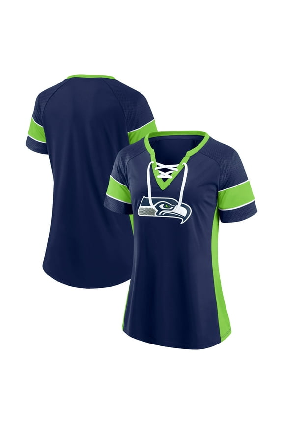 Women's Fanatics College Navy Seattle Seahawks Athena Fashion Lace-Up V-Neck T-Shirt