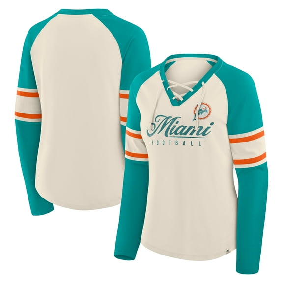 Women's Fanatics Cream/Aqua Miami Dolphins Hometown Gridiron Hero Raglan Lace-Up V-Neck Long Sleeve T-Shirt