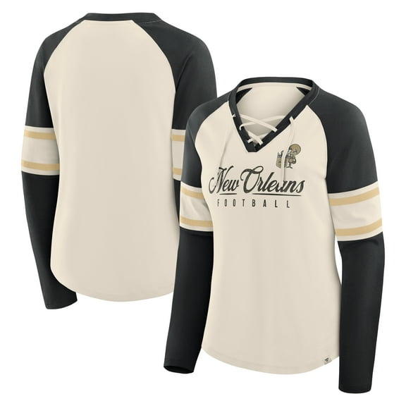 Women's Fanatics Cream/Black New Orleans Saints Hometown Gridiron Hero Raglan Lace-Up V-Neck Long Sleeve T-Shirt