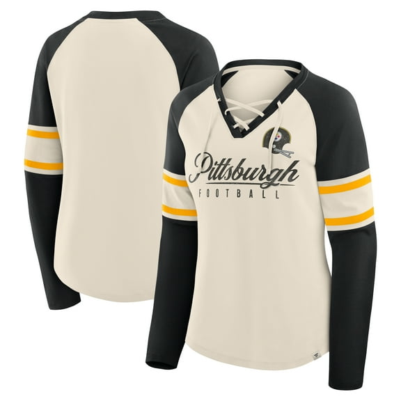 Women's Fanatics Cream/Black Pittsburgh Steelers Hometown Gridiron Hero Raglan Lace-Up V-Neck Long Sleeve T-Shirt