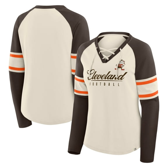 Women's Fanatics Cream/Brown Cleveland Browns Hometown Gridiron Hero Raglan Lace-Up V-Neck Long Sleeve T-Shirt