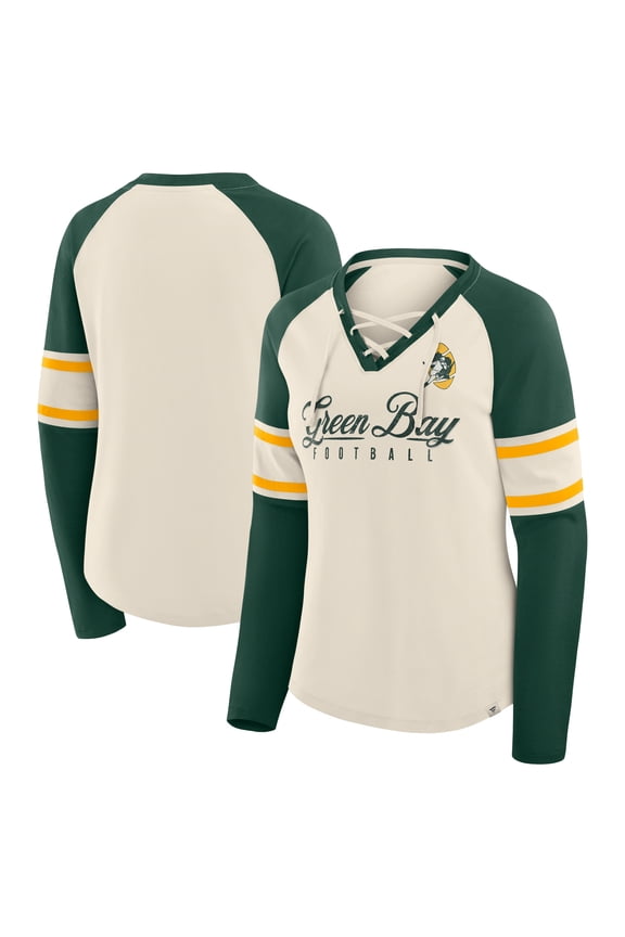 Women's Fanatics Cream/Green Green Bay Packers Hometown Gridiron Hero Raglan Lace-Up V-Neck Long Sleeve T-Shirt