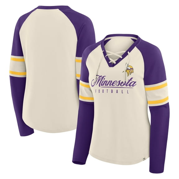 Women's Fanatics Cream/Purple Minnesota Vikings Hometown Gridiron Hero Raglan Lace-Up V-Neck Long Sleeve T-Shirt