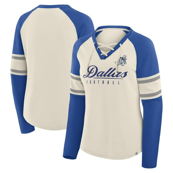 Women's Fanatics Cream/Royal Dallas Cowboys Hometown Gridiron Hero Raglan Lace-Up V-Neck Long Sleeve T-Shirt