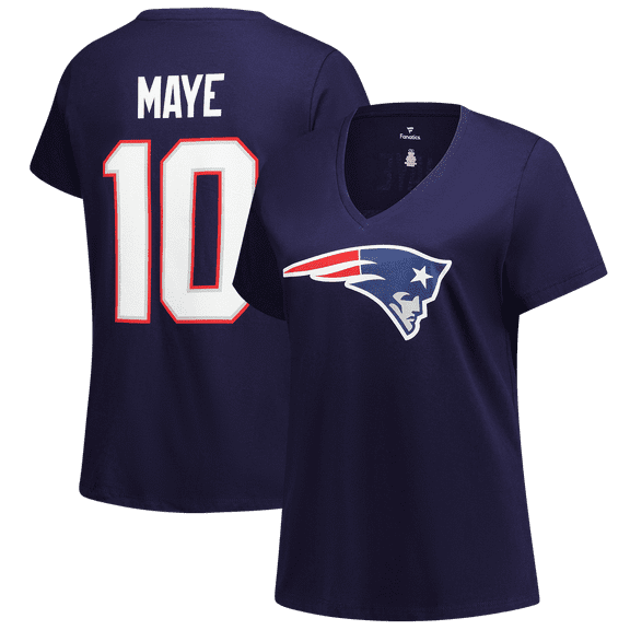 Women's Fanatics Drake Maye Navy New England Patriots Plus Size Name & Number V-Neck T-Shirt