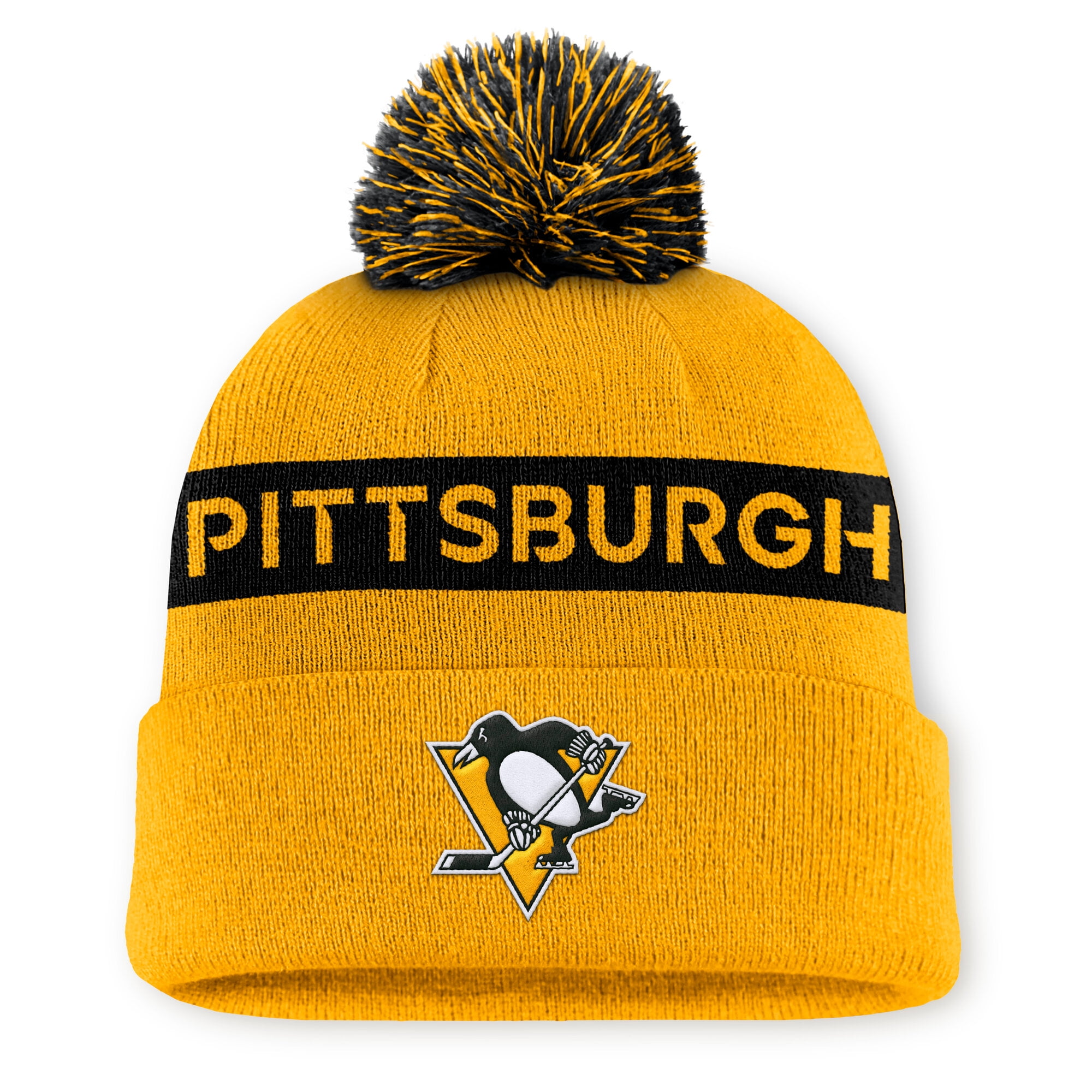 Women's Fanatics Gold/Black Pittsburgh Penguins Authentic Pro Rink Cuffed Knit Hat with Pom