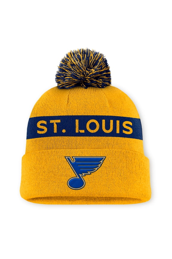 Women's Fanatics Gold/Navy St. Louis Blues Authentic Pro Rink Cuffed Knit Hat with Pom