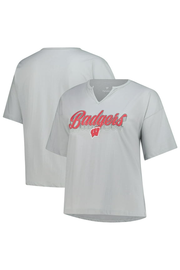Women's Fanatics Gray Wisconsin Badgers Plus Size Winning Gear Notch Neck T-Shirt