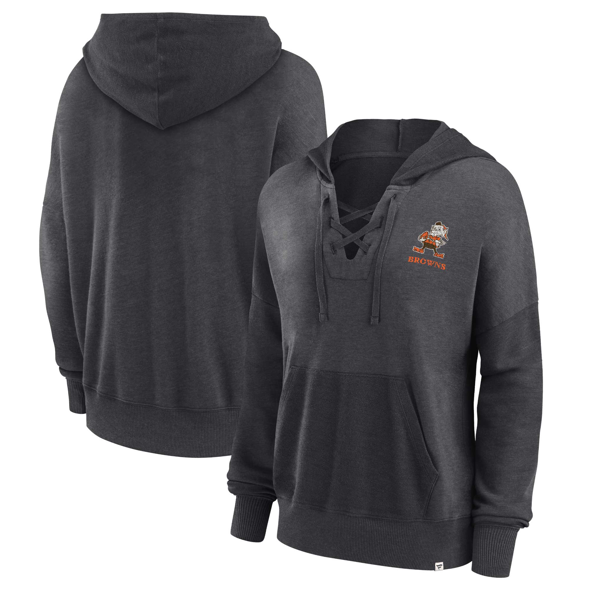 Women's Fanatics Heather Charcoal Cleveland Browns Heritage Snow Wash French Terry Lace-Up-Pullover Hoodie