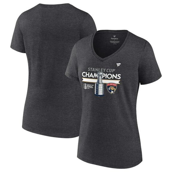 Women's Fanatics Heather Charcoal Florida Panthers 2024 Stanley Cup Champions Locker Room Plus Size V-Neck T-Shirt